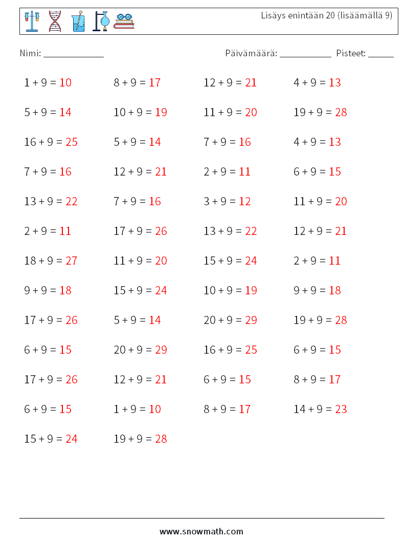 (50) Lisäys enintään 20 (lisäämällä 9) Matematiikan laskentataulukot 8 Kysymys, vastaus