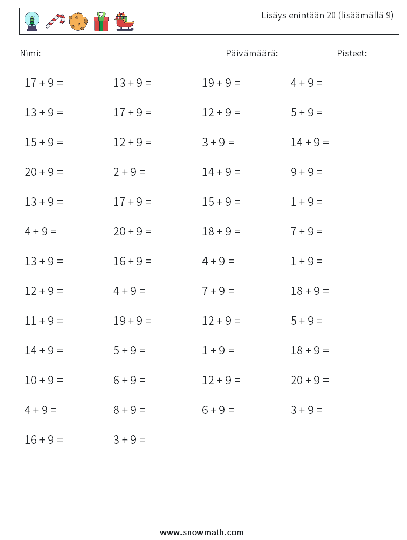 (50) Lisäys enintään 20 (lisäämällä 9) Matematiikan laskentataulukot 9