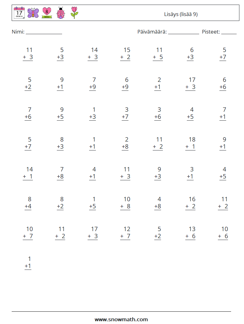 (50) Lisäys (lisää 9) Matematiikan laskentataulukot 1