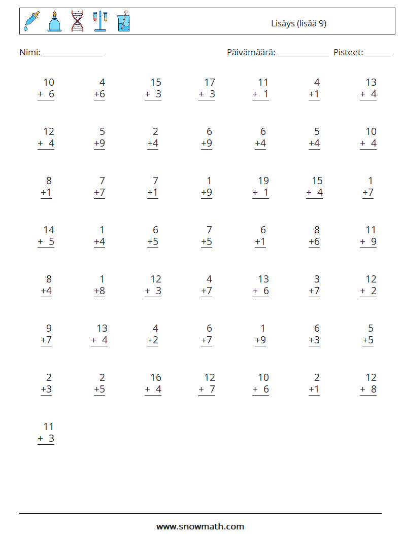 (50) Lisäys (lisää 9) Matematiikan laskentataulukot 10