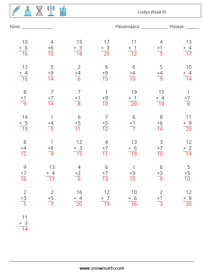 (50) Lisäys (lisää 9) Matematiikan laskentataulukot 10 Kysymys, vastaus