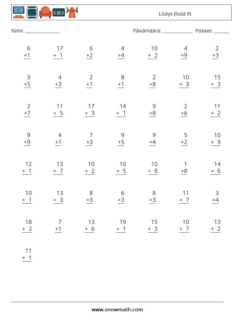 (50) Lisäys (lisää 9) Matematiikan laskentataulukot 12