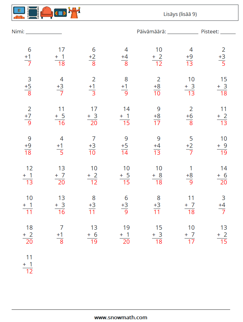 (50) Lisäys (lisää 9) Matematiikan laskentataulukot 12 Kysymys, vastaus