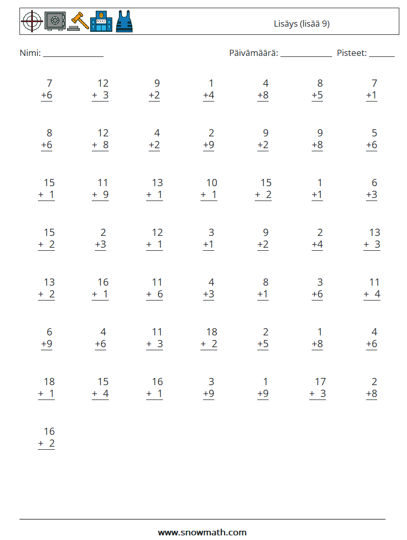 (50) Lisäys (lisää 9) Matematiikan laskentataulukot 13