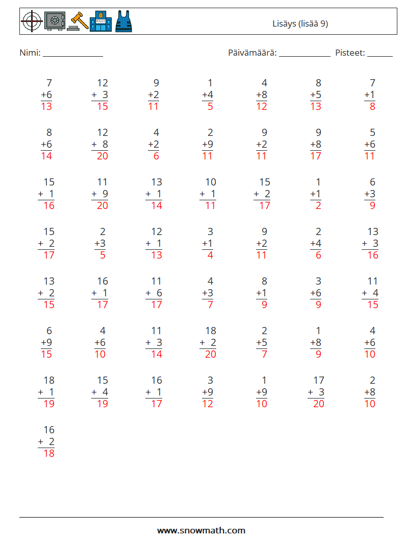 (50) Lisäys (lisää 9) Matematiikan laskentataulukot 13 Kysymys, vastaus