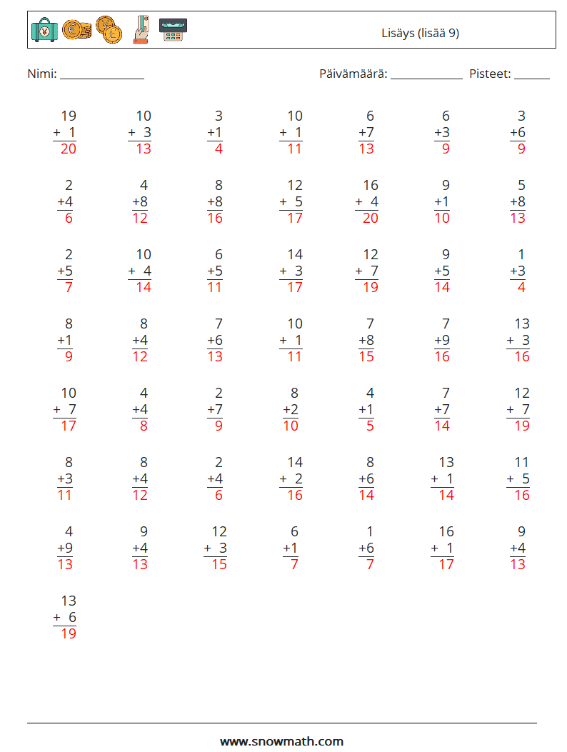 (50) Lisäys (lisää 9) Matematiikan laskentataulukot 14 Kysymys, vastaus