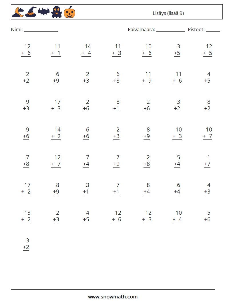 (50) Lisäys (lisää 9) Matematiikan laskentataulukot 15