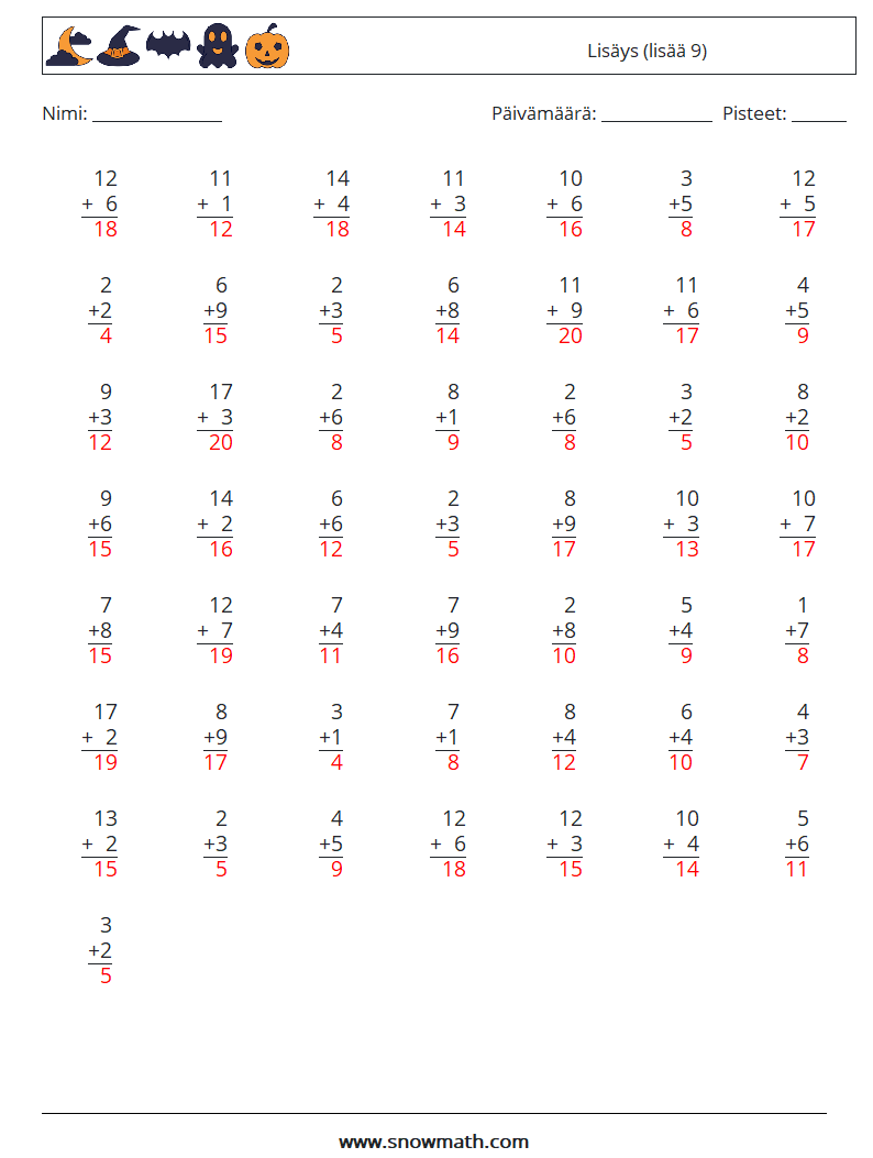 (50) Lisäys (lisää 9) Matematiikan laskentataulukot 15 Kysymys, vastaus