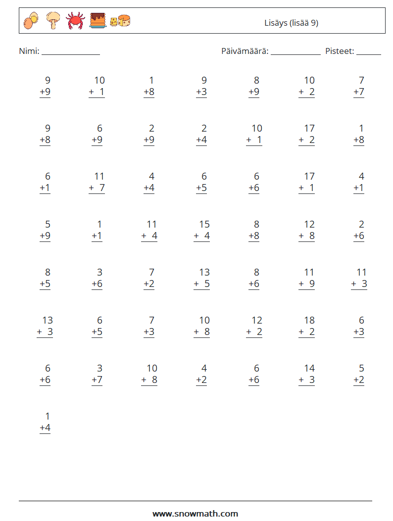 (50) Lisäys (lisää 9) Matematiikan laskentataulukot 18