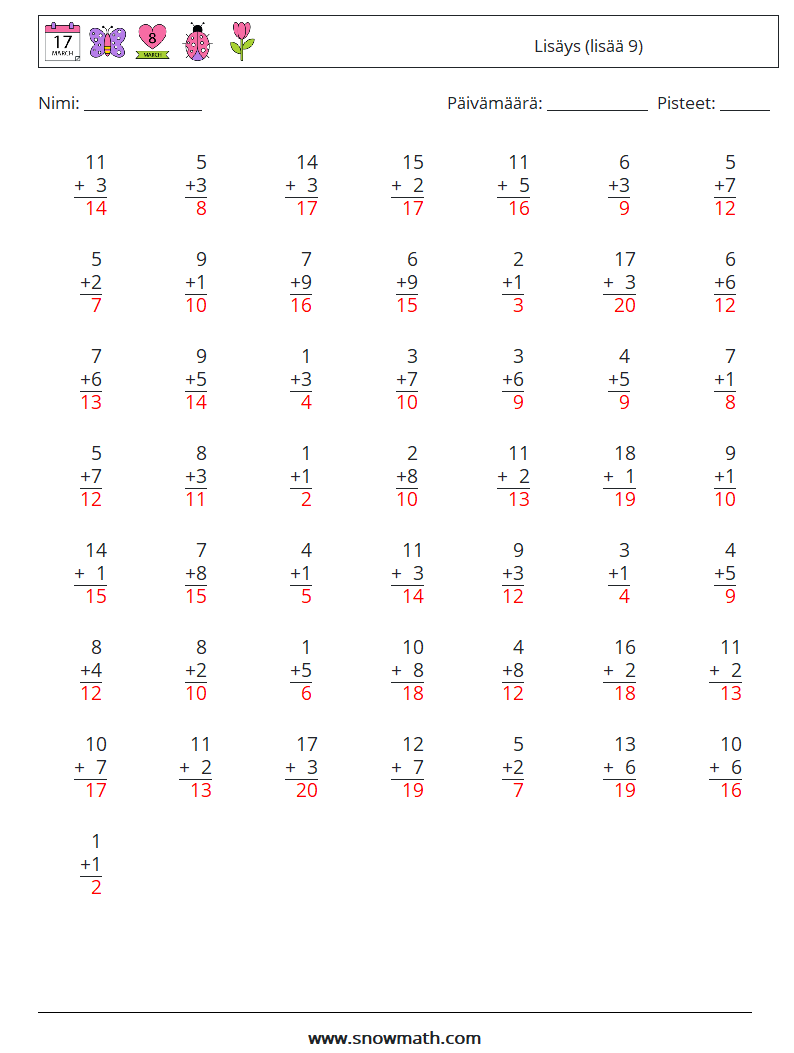 (50) Lisäys (lisää 9) Matematiikan laskentataulukot 1 Kysymys, vastaus