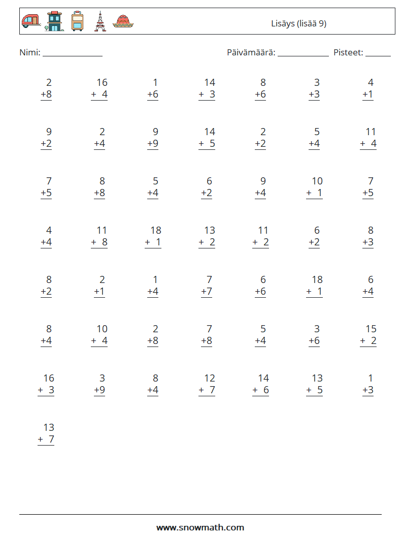 (50) Lisäys (lisää 9) Matematiikan laskentataulukot 2