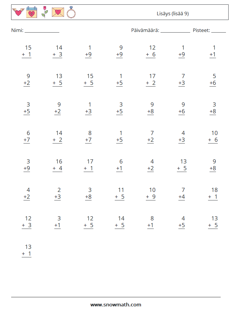 (50) Lisäys (lisää 9) Matematiikan laskentataulukot 4