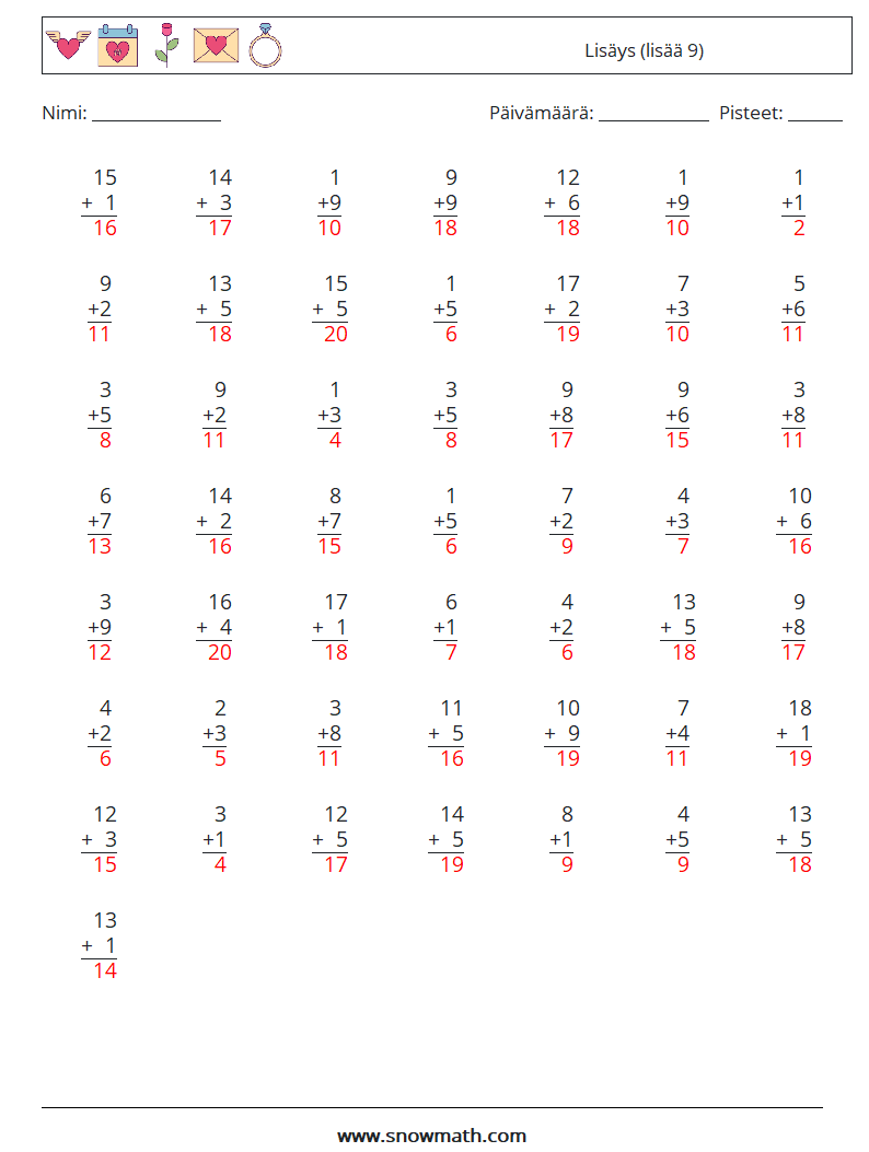 (50) Lisäys (lisää 9) Matematiikan laskentataulukot 4 Kysymys, vastaus