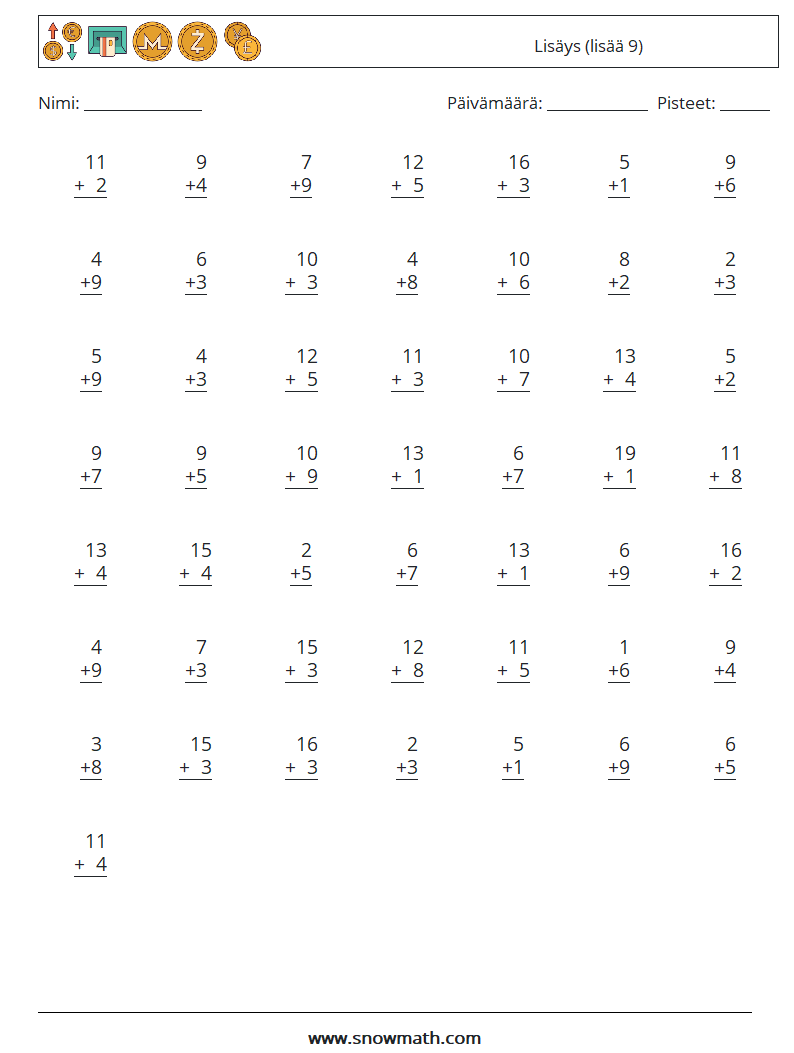 (50) Lisäys (lisää 9) Matematiikan laskentataulukot 5