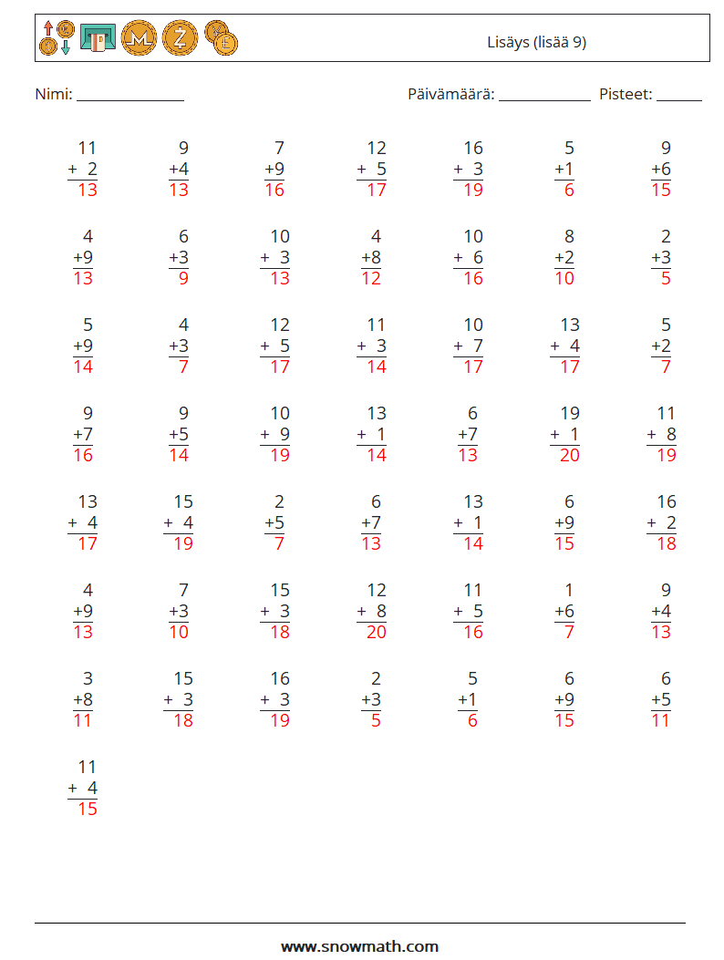 (50) Lisäys (lisää 9) Matematiikan laskentataulukot 5 Kysymys, vastaus