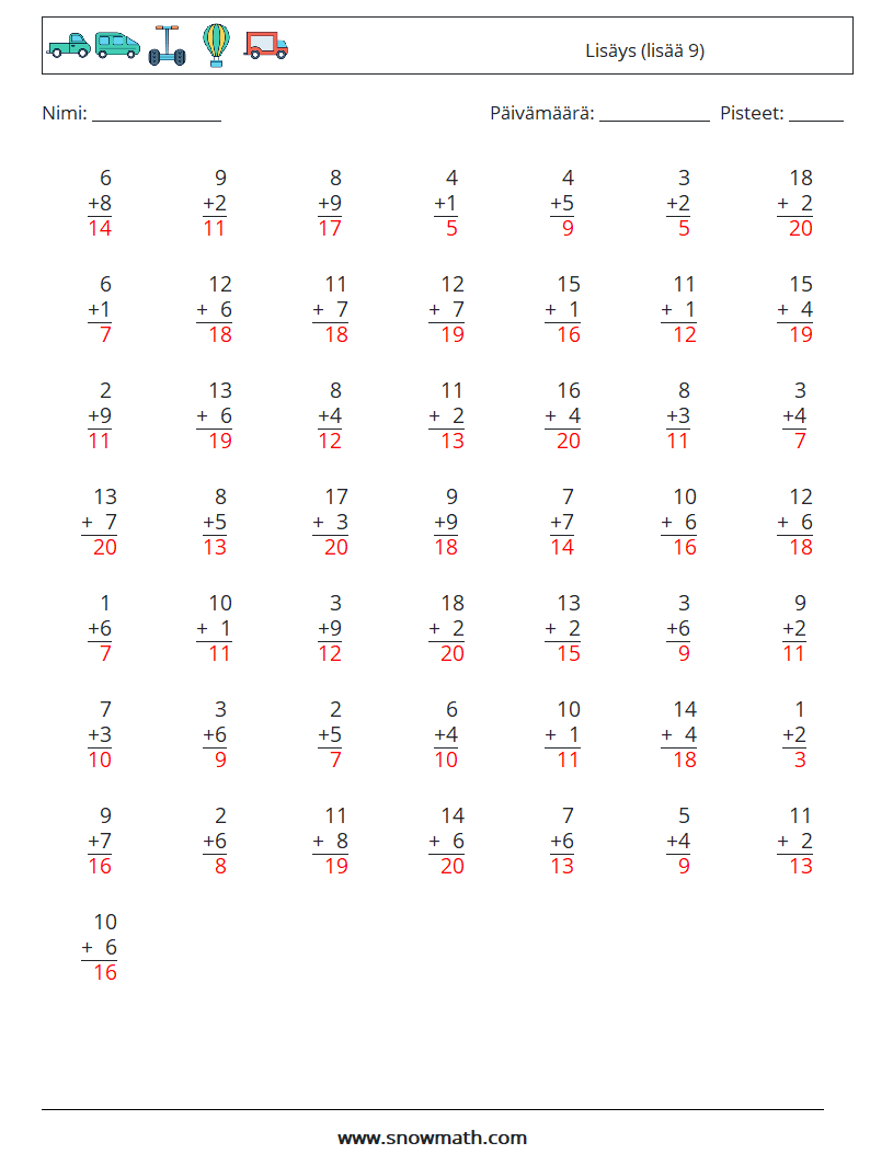 (50) Lisäys (lisää 9) Matematiikan laskentataulukot 6 Kysymys, vastaus