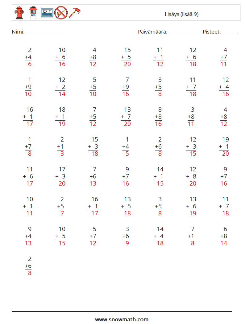 (50) Lisäys (lisää 9) Matematiikan laskentataulukot 7 Kysymys, vastaus