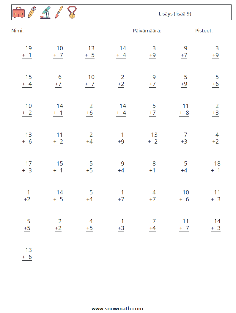 (50) Lisäys (lisää 9) Matematiikan laskentataulukot 8