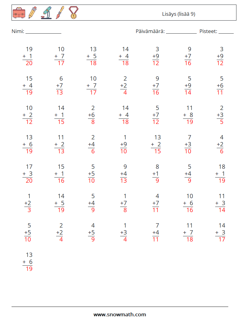 (50) Lisäys (lisää 9) Matematiikan laskentataulukot 8 Kysymys, vastaus