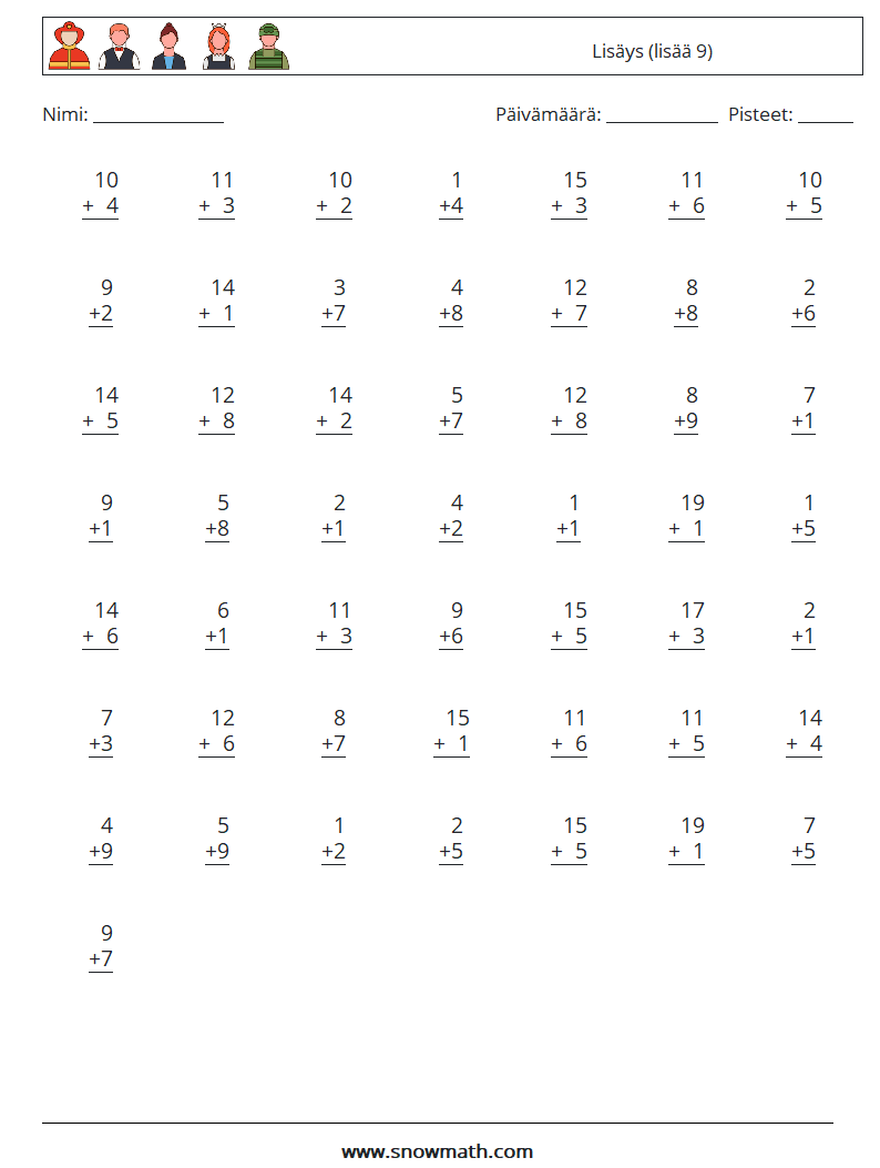 (50) Lisäys (lisää 9) Matematiikan laskentataulukot 9