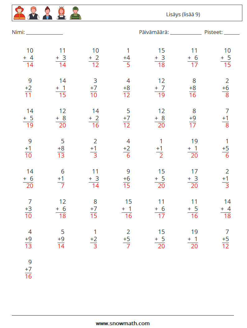 (50) Lisäys (lisää 9) Matematiikan laskentataulukot 9 Kysymys, vastaus