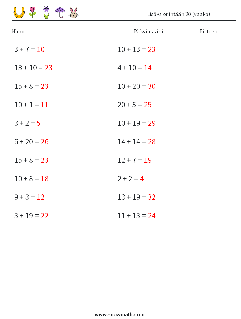 (20) Lisäys enintään 20 (vaaka) Matematiikan laskentataulukot 1 Kysymys, vastaus