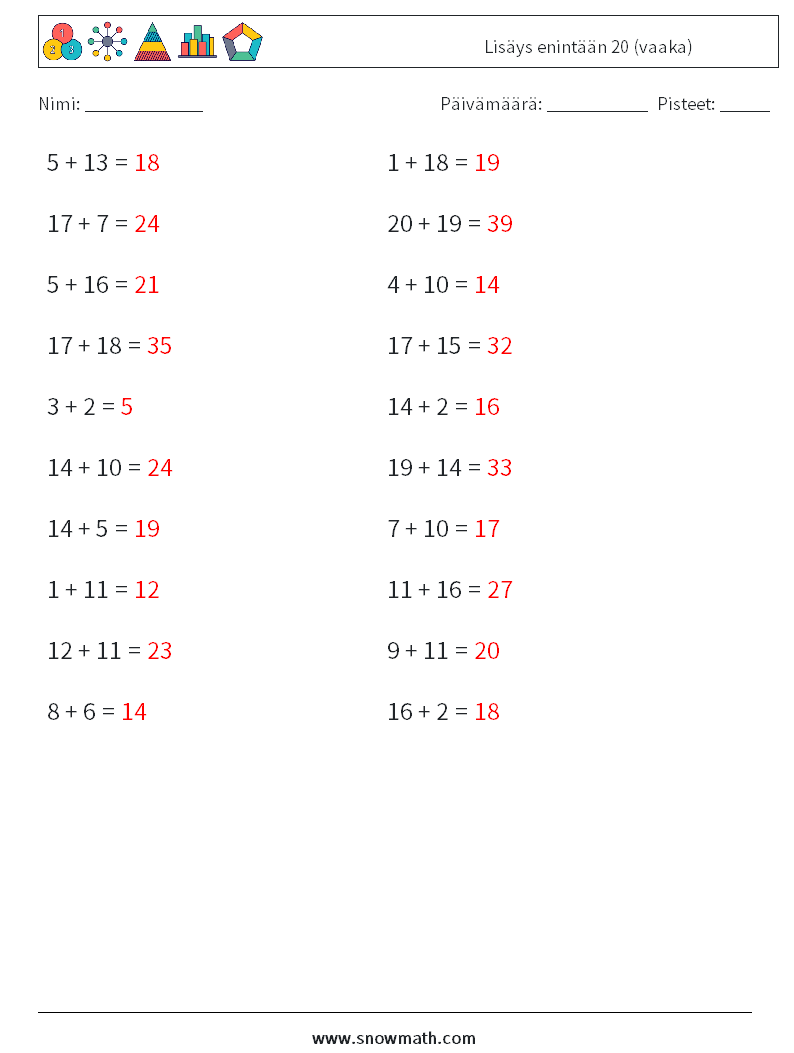 (20) Lisäys enintään 20 (vaaka) Matematiikan laskentataulukot 4 Kysymys, vastaus