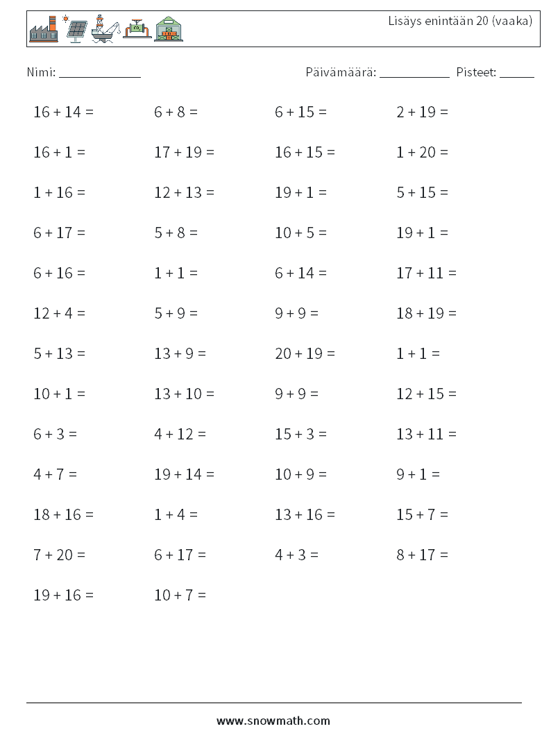 (50) Lisäys enintään 20 (vaaka) Matematiikan laskentataulukot 2