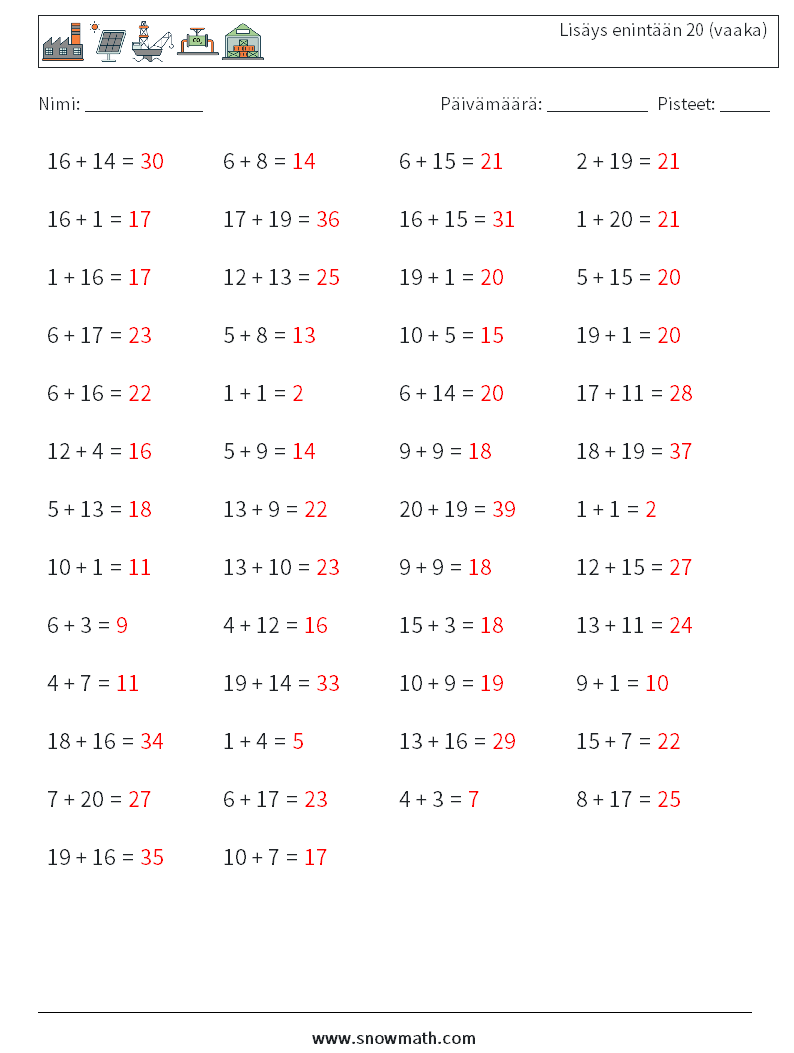 (50) Lisäys enintään 20 (vaaka) Matematiikan laskentataulukot 2 Kysymys, vastaus