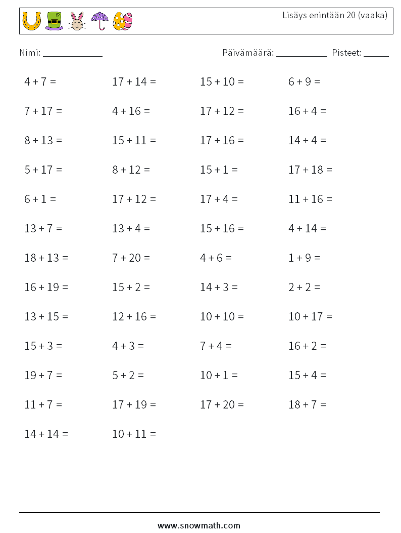 (50) Lisäys enintään 20 (vaaka) Matematiikan laskentataulukot 3