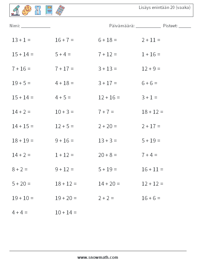 (50) Lisäys enintään 20 (vaaka) Matematiikan laskentataulukot 5