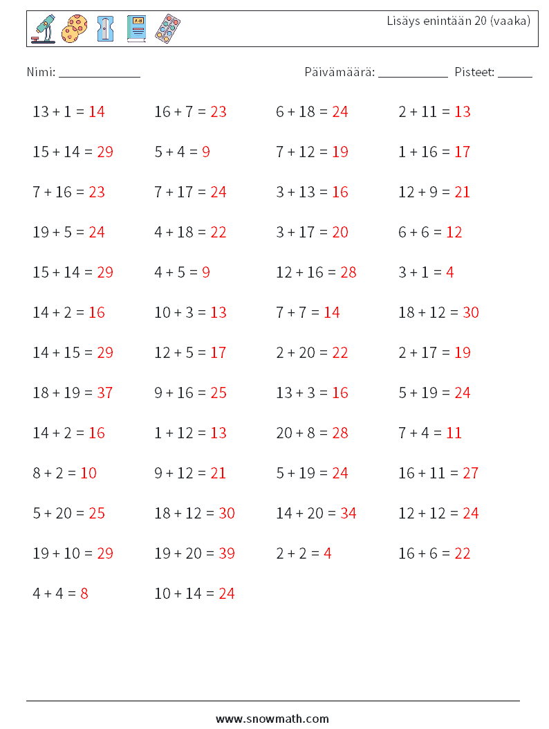(50) Lisäys enintään 20 (vaaka) Matematiikan laskentataulukot 5 Kysymys, vastaus