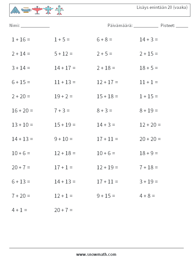 (50) Lisäys enintään 20 (vaaka) Matematiikan laskentataulukot 7