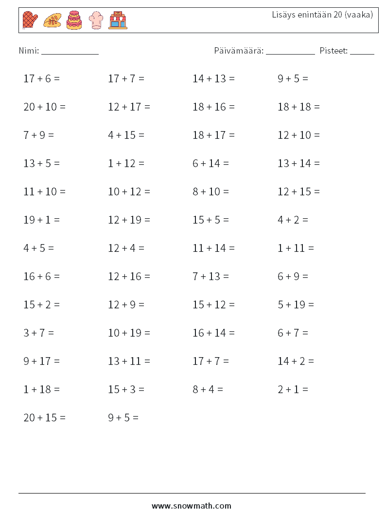 (50) Lisäys enintään 20 (vaaka) Matematiikan laskentataulukot 8