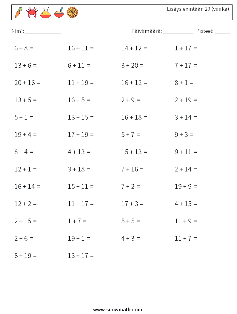 (50) Lisäys enintään 20 (vaaka) Matematiikan laskentataulukot 9
