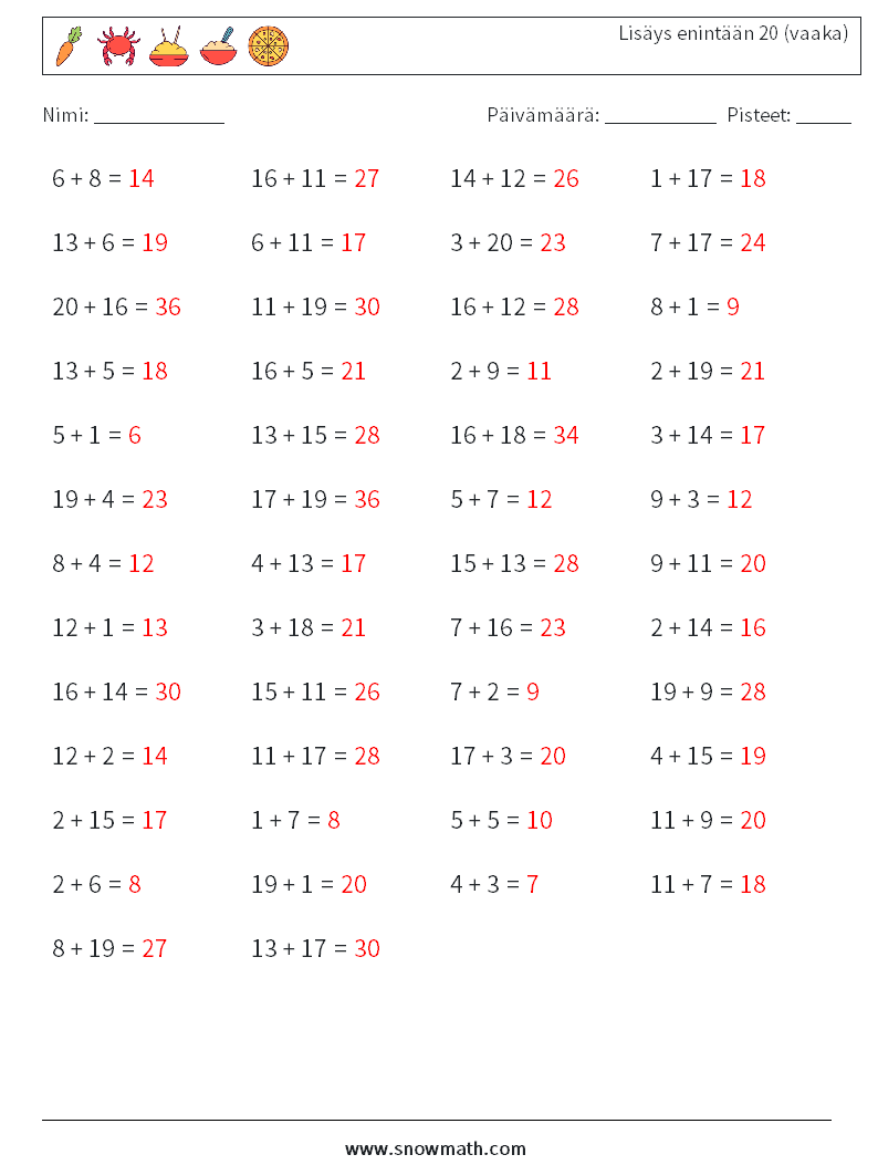 (50) Lisäys enintään 20 (vaaka) Matematiikan laskentataulukot 9 Kysymys, vastaus