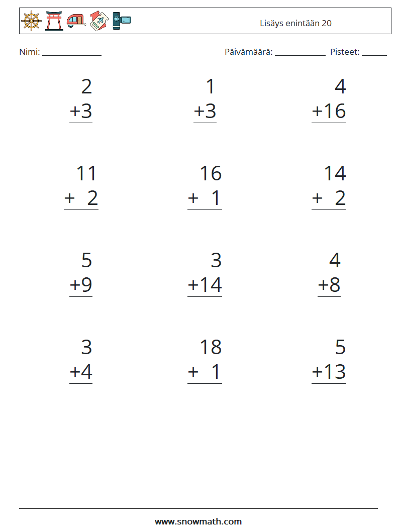 (12) Lisäys enintään 20 Matematiikan laskentataulukot 10