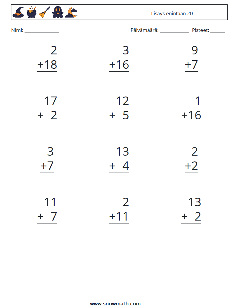 (12) Lisäys enintään 20 Matematiikan laskentataulukot 11