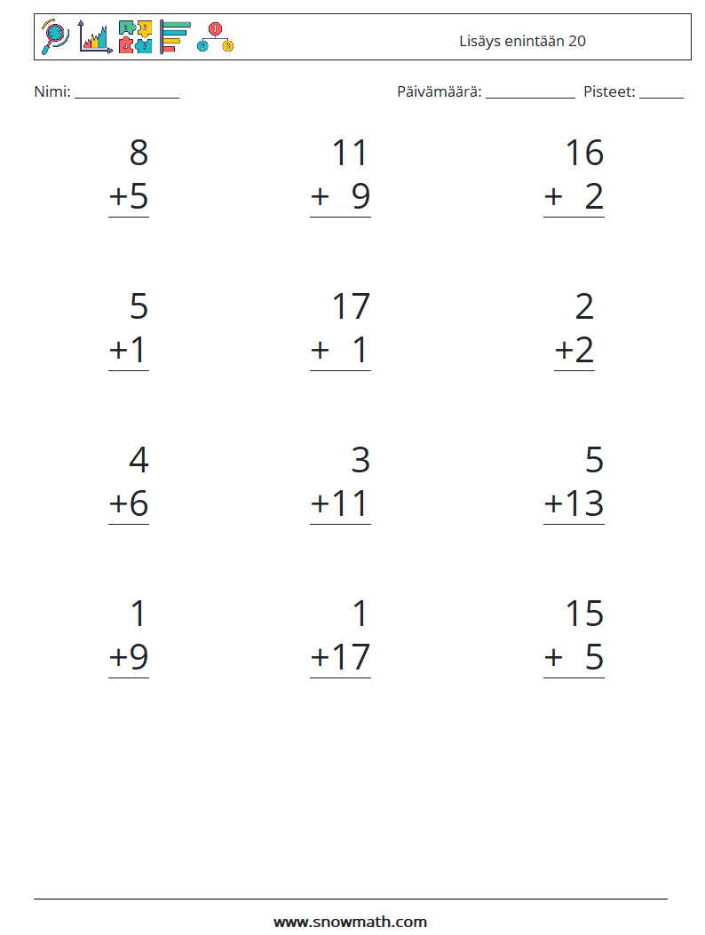 (12) Lisäys enintään 20 Matematiikan laskentataulukot 12