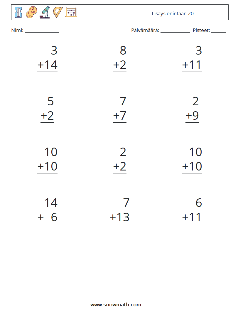 (12) Lisäys enintään 20 Matematiikan laskentataulukot 13