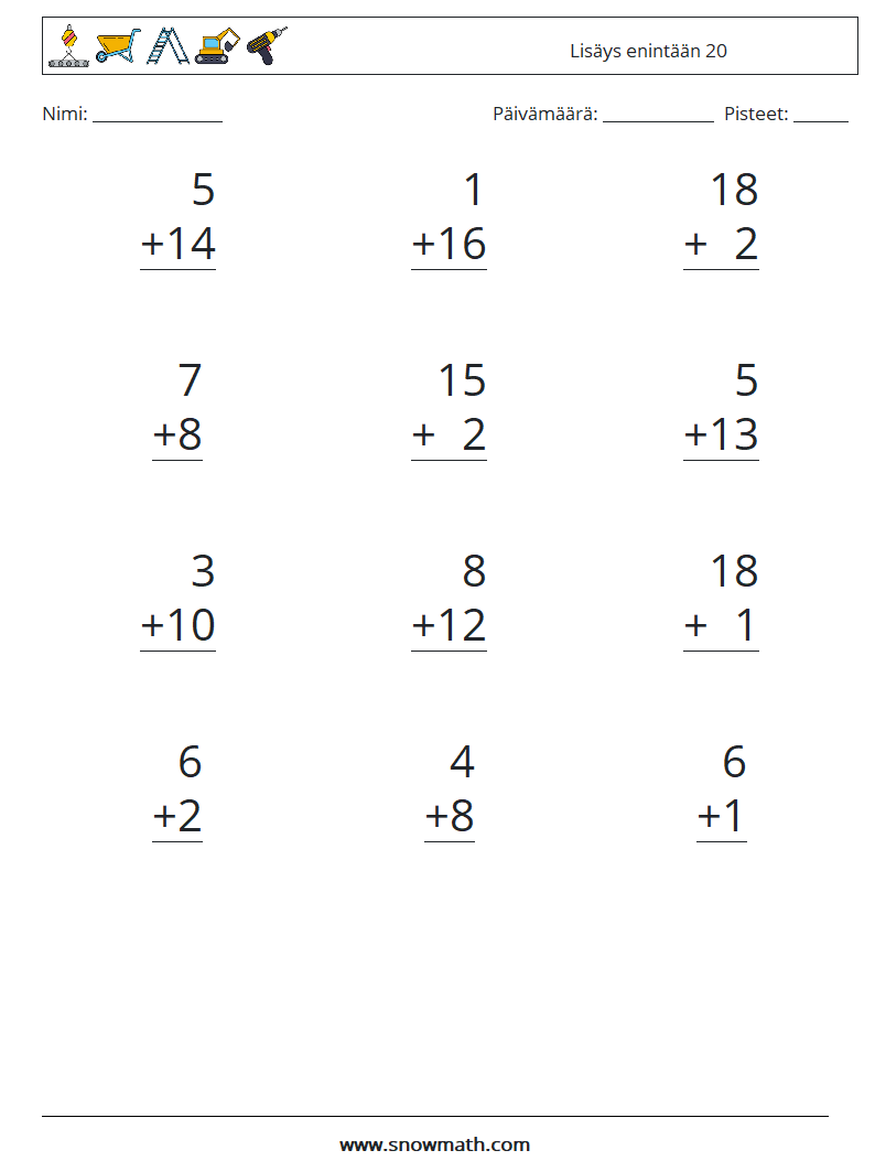 (12) Lisäys enintään 20 Matematiikan laskentataulukot 14