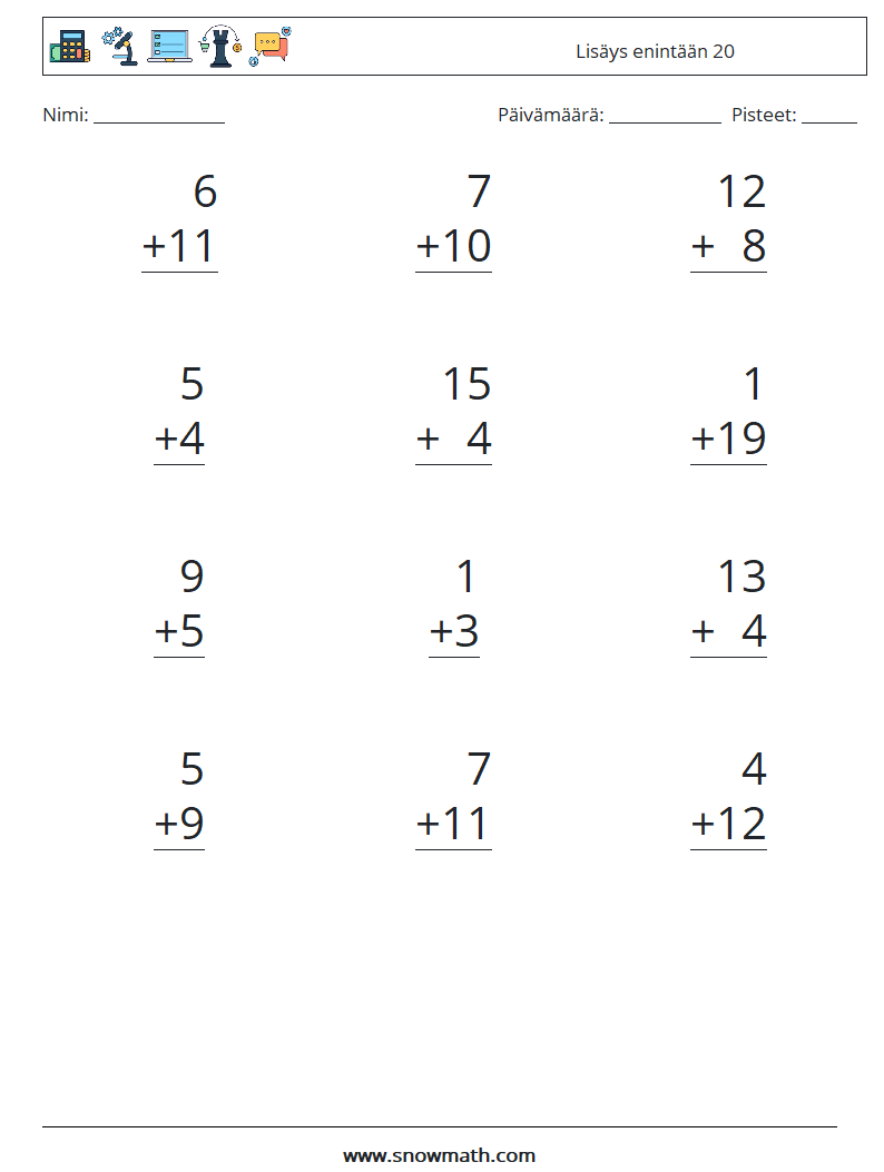 (12) Lisäys enintään 20 Matematiikan laskentataulukot 15