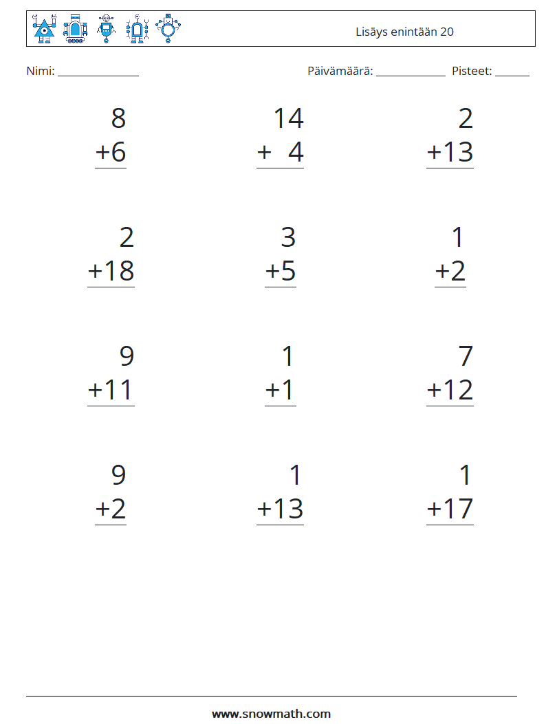 (12) Lisäys enintään 20 Matematiikan laskentataulukot 17