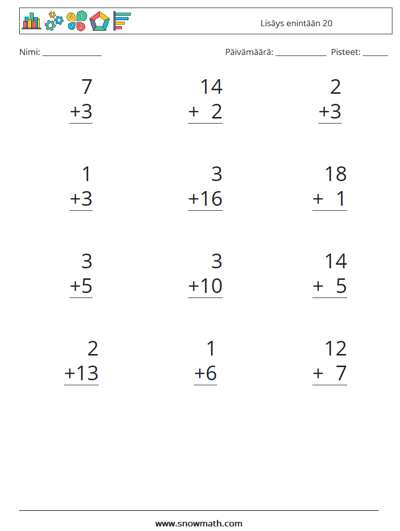 (12) Lisäys enintään 20 Matematiikan laskentataulukot 18