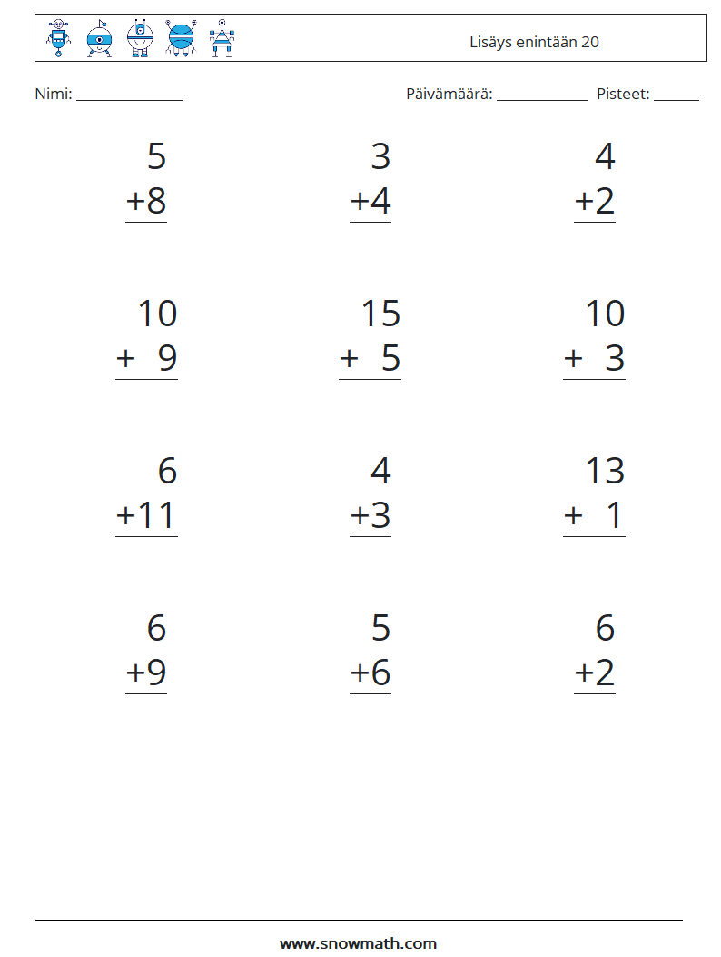 (12) Lisäys enintään 20 Matematiikan laskentataulukot 4
