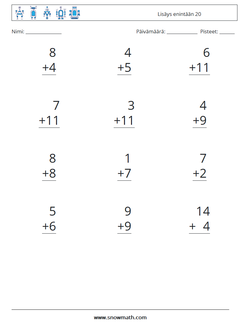 (12) Lisäys enintään 20 Matematiikan laskentataulukot 5