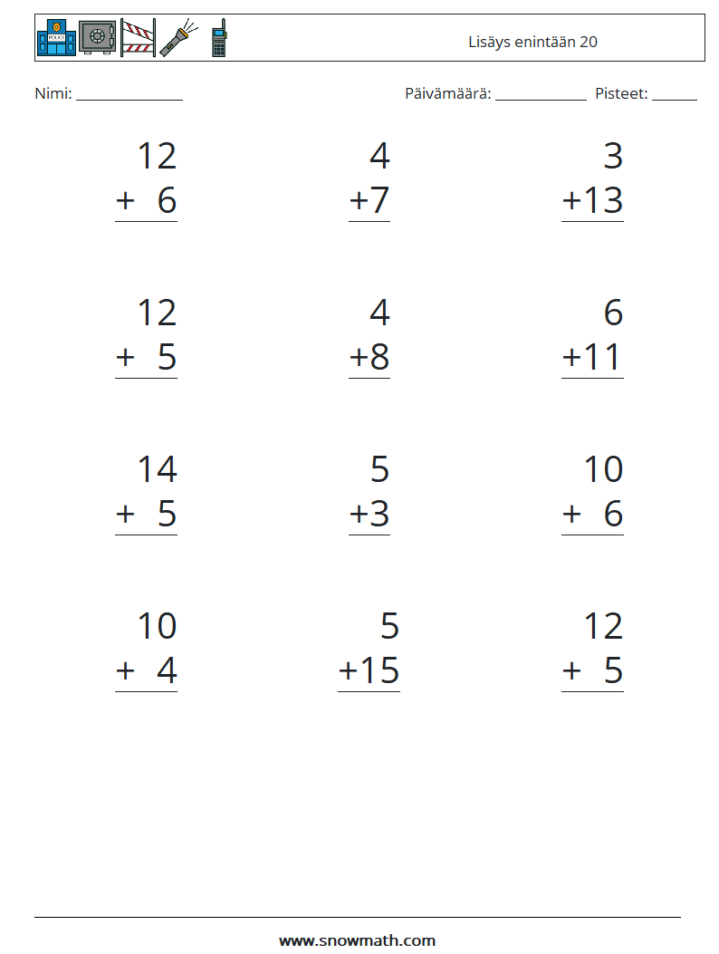 (12) Lisäys enintään 20 Matematiikan laskentataulukot 6