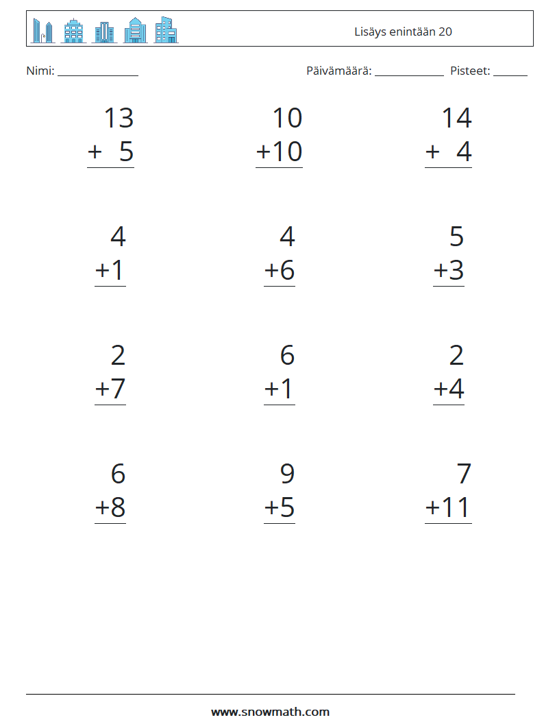 (12) Lisäys enintään 20 Matematiikan laskentataulukot 7