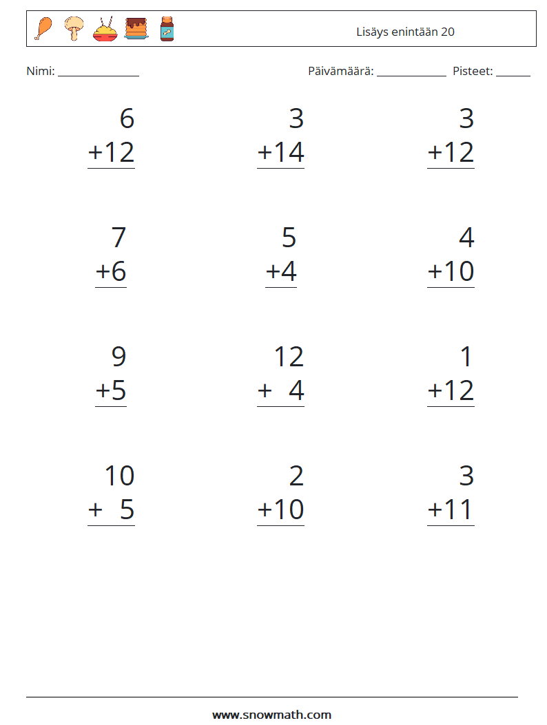 (12) Lisäys enintään 20 Matematiikan laskentataulukot 8