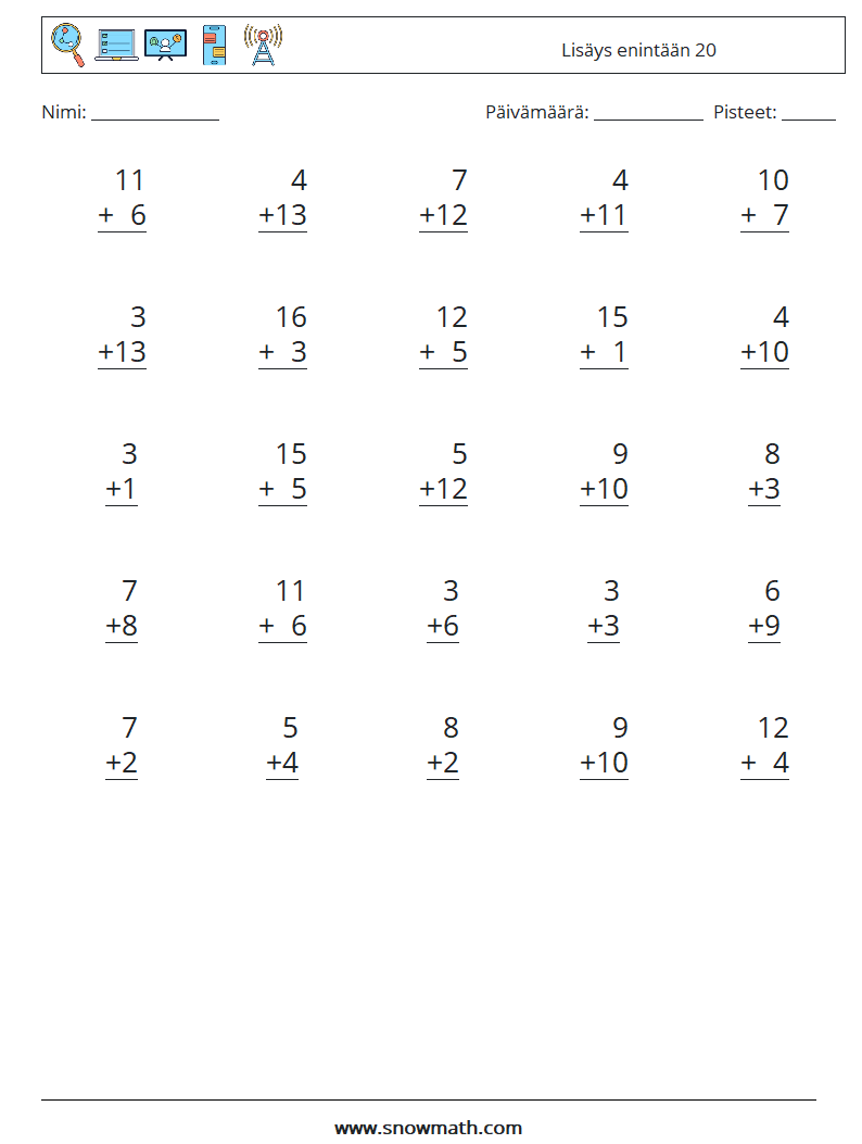 (25) Lisäys enintään 20 Matematiikan laskentataulukot 1